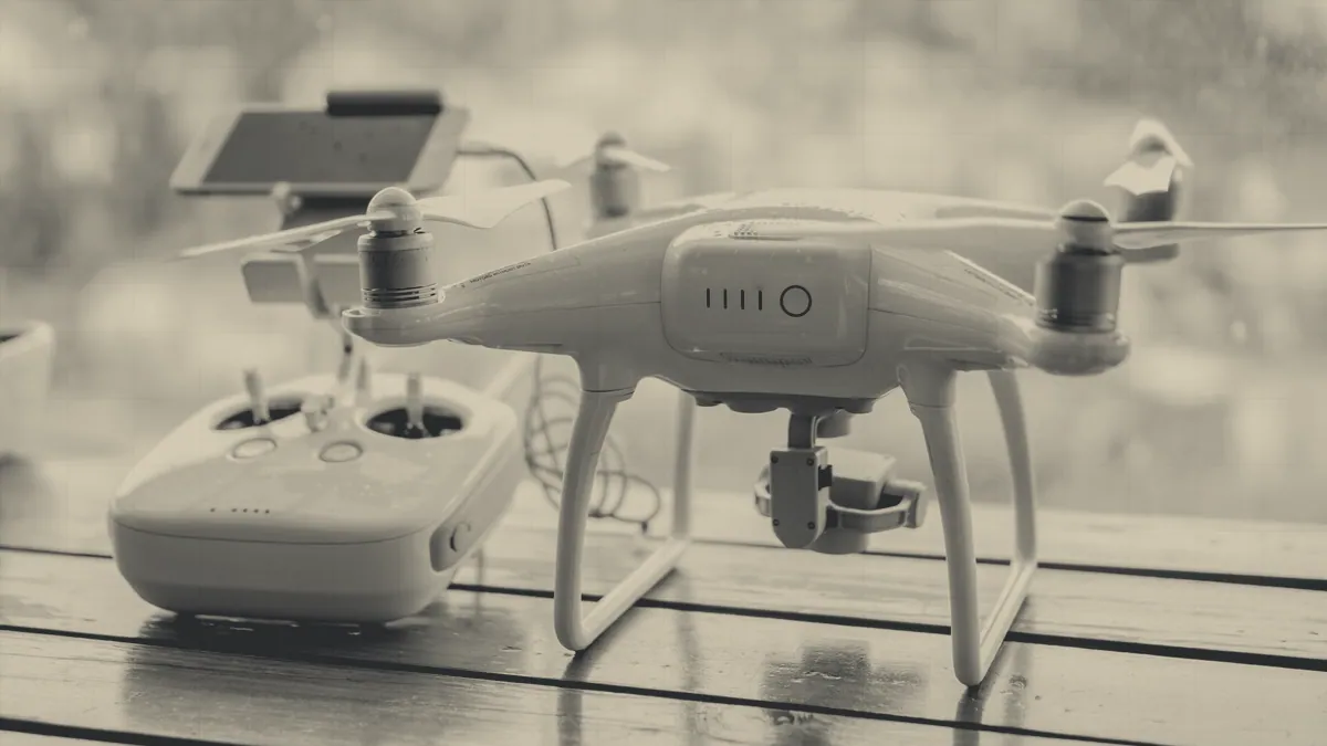 A folded multirotor lying on a table.