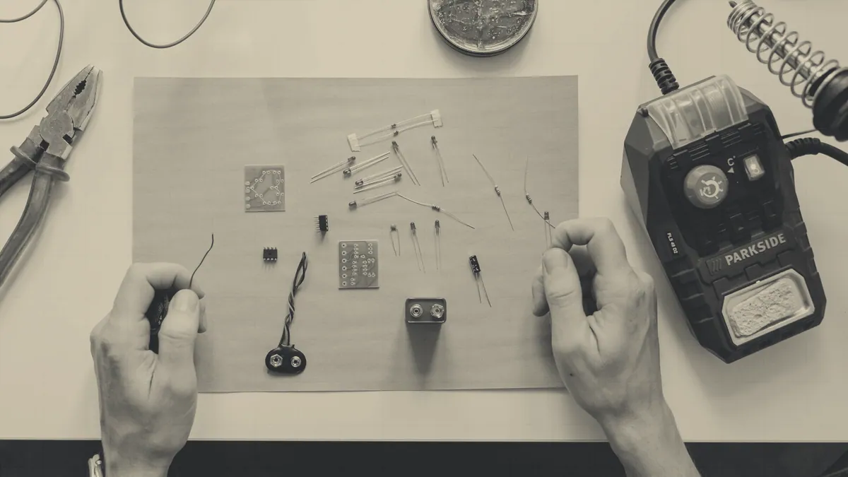 Loose components laid out on a workbench.